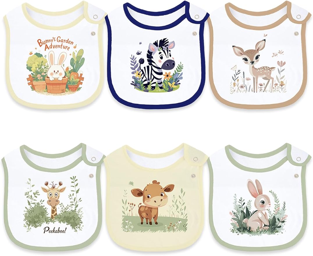 Maiwa 6 Pack Cotton Baby Bibs for Girls Boys with Waterproof layer for Drooling Eating teething with Snaps