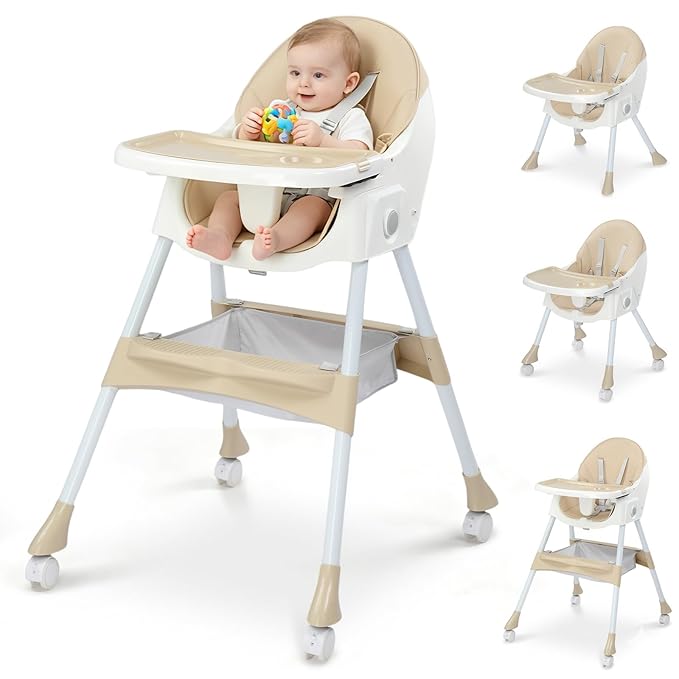 Ktaxon Foldable Baby High Chair, 2-in-1 Portable Convertible Highchair with 5-Point Safety Harness, Easy to Clean Tray and Storage Bag for Toddlers & Babies, Beige