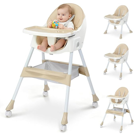 Ktaxon Foldable Baby High Chair, 2-in-1 Portable Convertible Highchair with 5-Point Safety Harness, Easy to Clean Tray and Storage Bag for Toddlers & Babies, Beige