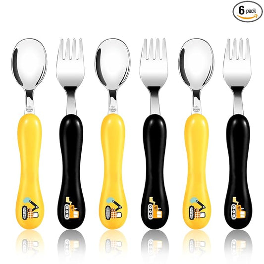 Lehoo Castle 6 Pieces Toddler Utensils, Kids Silverware for 2 3 4 Years Old, Stainless Steel Fork and Spoon Set with Plastic Handle, Safe Toddler Cutlery (Engineering Vehicle)