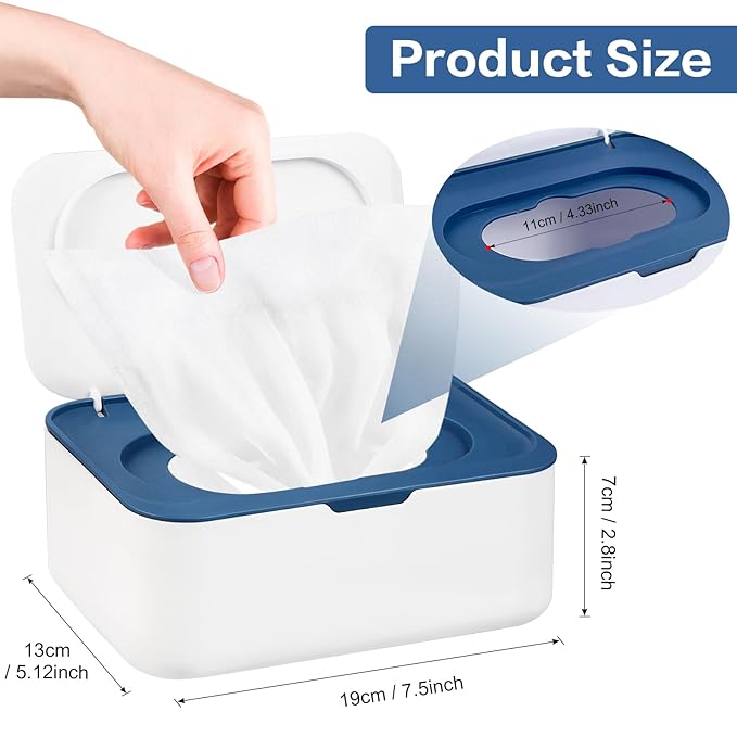 2Pcs Wipe Dispenser, Reusable Baby Wipe Holder Refillable Wipes Container, Easy Open & Close Wipes Pouch Case with Lid for Bathroom Baby Nursery Kitchen Office Travel (Blue/Gray)