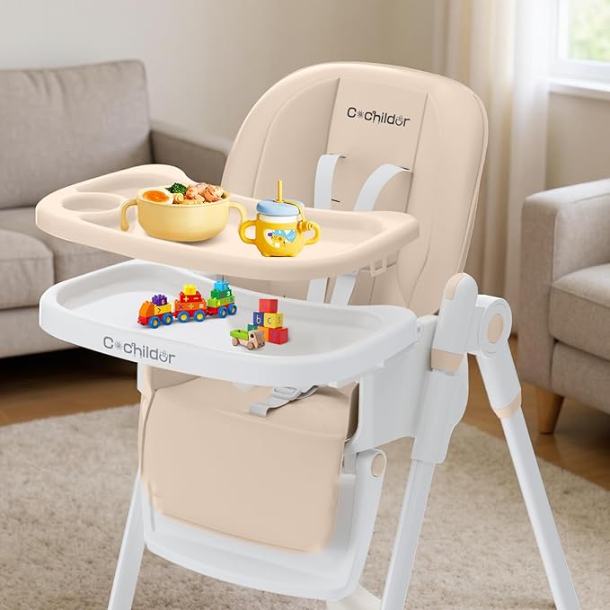 Cochildor 3-in-1 Foldable High Chair for Babies & Toddlers – Adjustable Height, Reclining Seat, 5-Point Safety Harness, Removable Tray, Lockable Wheels and Washable Cushion, Beige
