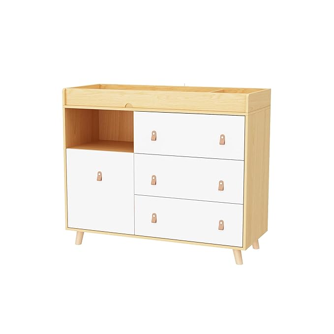Changing Table Dresser, Baby Nursery Dresser with 3 Drawers and Shelf, Top Guardrail and Large Storage Cabinet, Hidden Trash Storage, Baby Changing Dressers for Nursery Room, White + Natural
