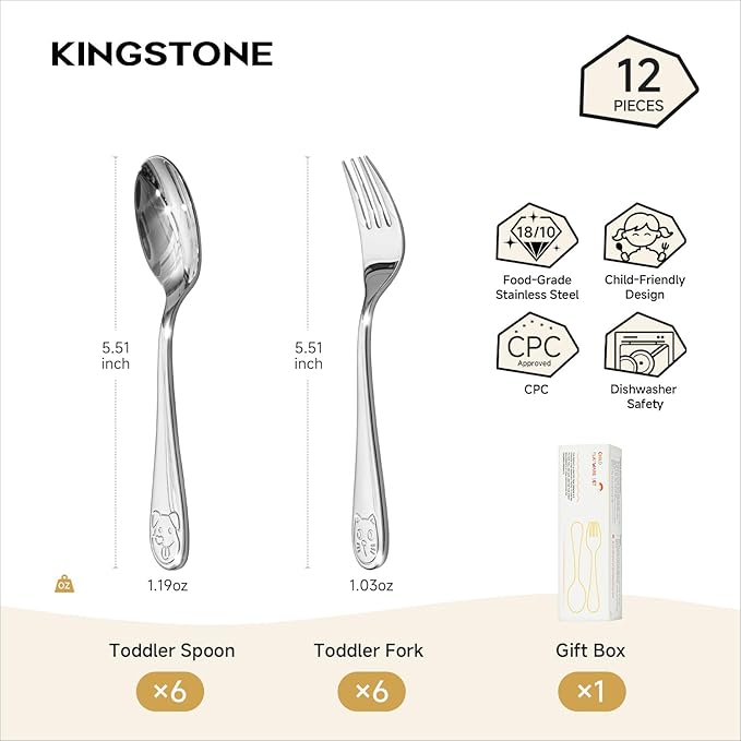 KINGSTONE Toddler Utensils Set, 12-Piece Small Forks & Spoons, 18/10 Stainless Steel, Cat & Dog Print, Ergonomic Self-Feeding Kids Flatware for Toddlers, Home & Preschool