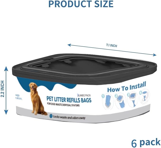 6 Pack Jumbo Square Refills Disposal Bags Refill, 42FT refill Pet Waste Bags Compatible with Pet Dogs Genie Dog Waste Disposal System Pails for Outdoor and Indoor