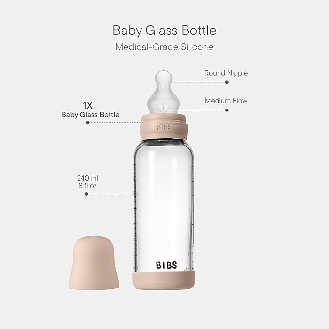 BIBS Baby Glass Bottle. 8 US fl oz / 240 ml. Anti-Colic. Vented Round Silicone Nipple. Supports Natural Breastfeeding, Medium Flow, Complete Set - Blush