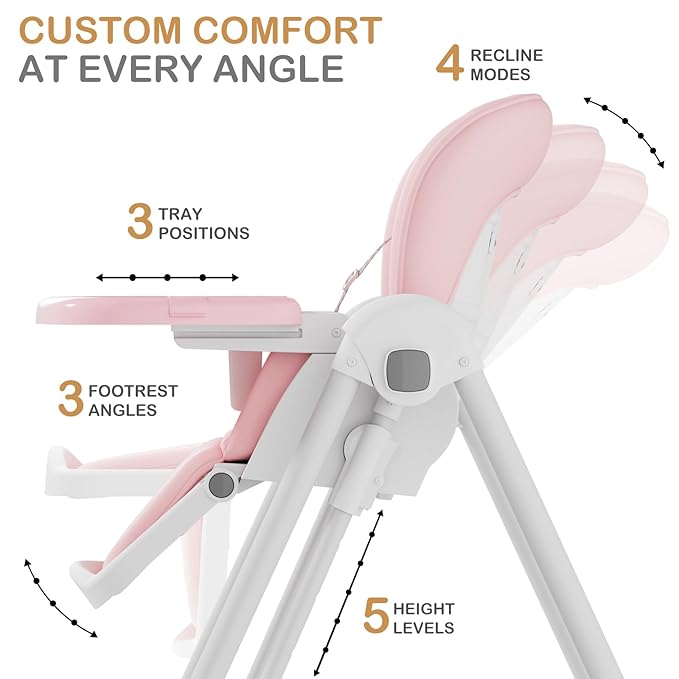3-in-1 High Chairs for Babies and Toddlers, Foldable Baby High Chair with Rocking Mode, 5 Height Levels, Adjustable Backrest & Footrest, Lockable Wheels (Pink)