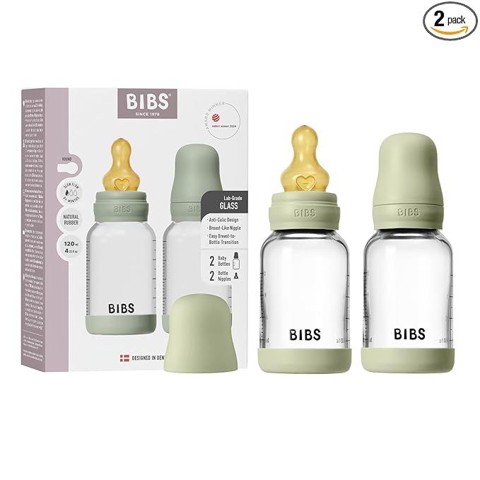 BIBS Glass Baby Bottles 2-Pack, 4 Oz. Anti-Colic System for Gas Reduction. Vented Round Natural Rubber Latex Nipple. Supports Infant and Newborn Breastfeeding - 120 ml (Pack of 2), Sage