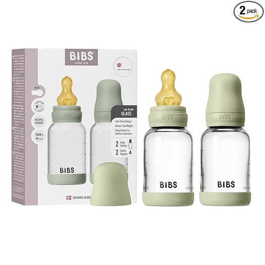 BIBS Glass Baby Bottles 2-Pack, 4 Oz. Anti-Colic System for Gas Reduction. Vented Round Natural Rubber Latex Nipple. Supports Infant and Newborn Breastfeeding - 120 ml (Pack of 2), Sage