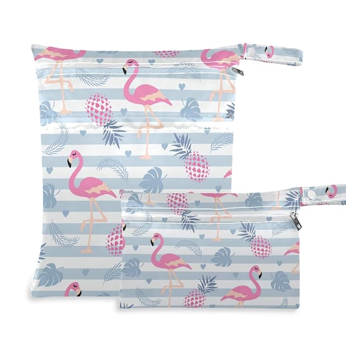 Moudou 2pcs Flamingo Wet Dry Bag Waterproof Reusable Baby Cloth Diaper Wet Dry Organizer with Two Zippered Pockets for Travel, Beach, Pool, Stroller, Diapers, Dirty Gym Clothes, Wet Swimsuits
