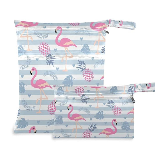 Moudou 2pcs Flamingo Wet Dry Bag Waterproof Reusable Baby Cloth Diaper Wet Dry Organizer with Two Zippered Pockets for Travel, Beach, Pool, Stroller, Diapers, Dirty Gym Clothes, Wet Swimsuits