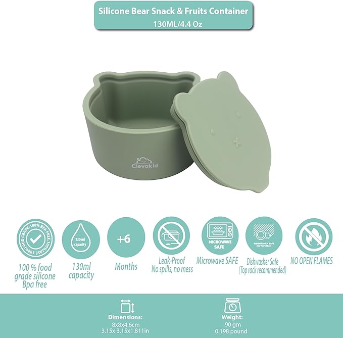 Silicone Snack & Fruits Container – Leakproof Durable and BPA-Free | for Daycare, Preschool, School, and Family Outings – Bear design 130 ML/4.4 OZ (Green Olive)