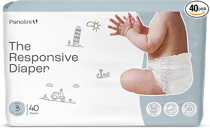 The Responsive Diaper Size 3 (17-28 Ibs), 40 Ct Italian Premium Design, No-Tape Flexible Fit Pull-Up Disposable Diapers for Babies, Soft, Unscented & Hypoallergenic, 12 Hrs Leak Protection