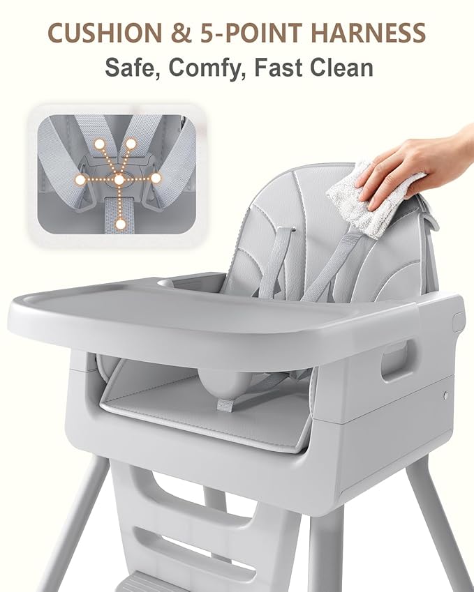 Baby High Chair for 6 Months+, Foldable High Chairs for Babies and Toddlers, Convertible High Chair, Adjustable Tray & Footrest, Portable High Chair & Easy to Clean(Gray)