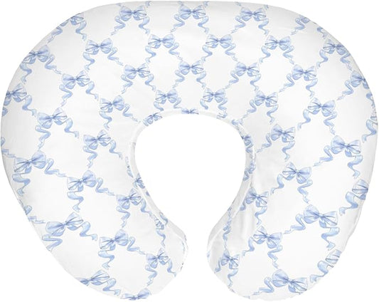 Blue Bows Ribbon Baby Nursing Pillow Covers for Boy Girl Pastel Blue Ribbons Nursing Pillow Slipcovers for Breastfeeding Pillows Watercolor Bows Soft Stretchy Removable Covers for Newborn Infant