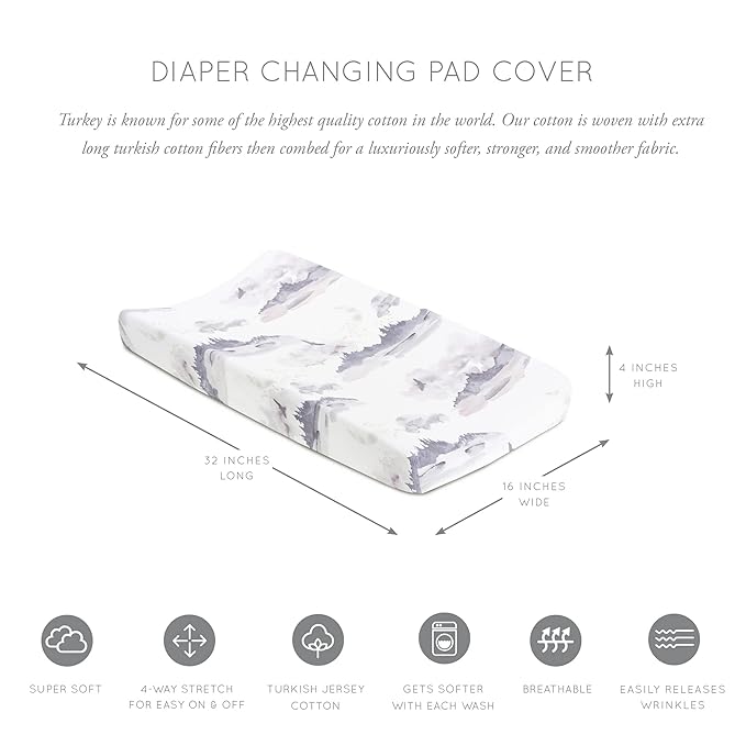 Oilo Changing Pad Cover, Breathable Organic Cotton Fitted Jersey, 300 Thread Count, Machine Washable, Fits Standard Changing Pads (32" x 16"), Girl, Boy, & Neutral Nursery Design, Misty Mountain