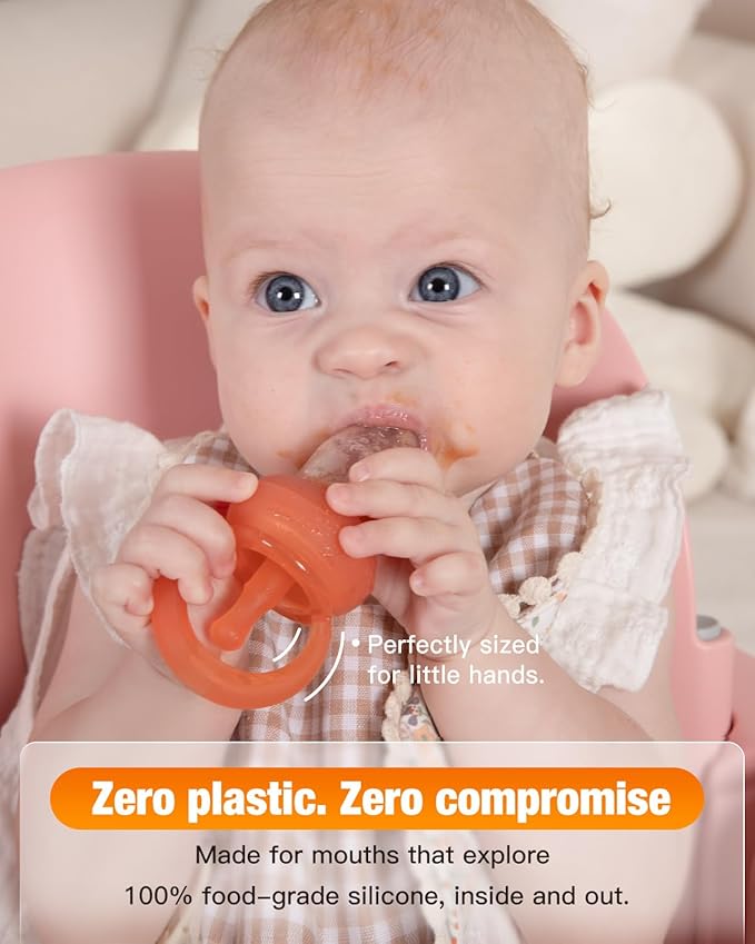 Silicone Baby Fruit Food Feeder & Breastmilk Popsicle Molds Combo, Silicone Feeder for Safe Infant Self Feeding, 6+ Month (Orange)