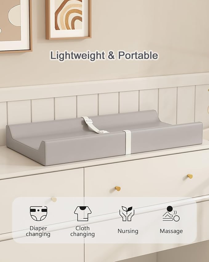 YACODAVO Wipeable Baby Changing Pad for Dresser and Table, Cozy Diaper Changing Pad with Waterproof & Wipe-Clean Leather Cover, Grey