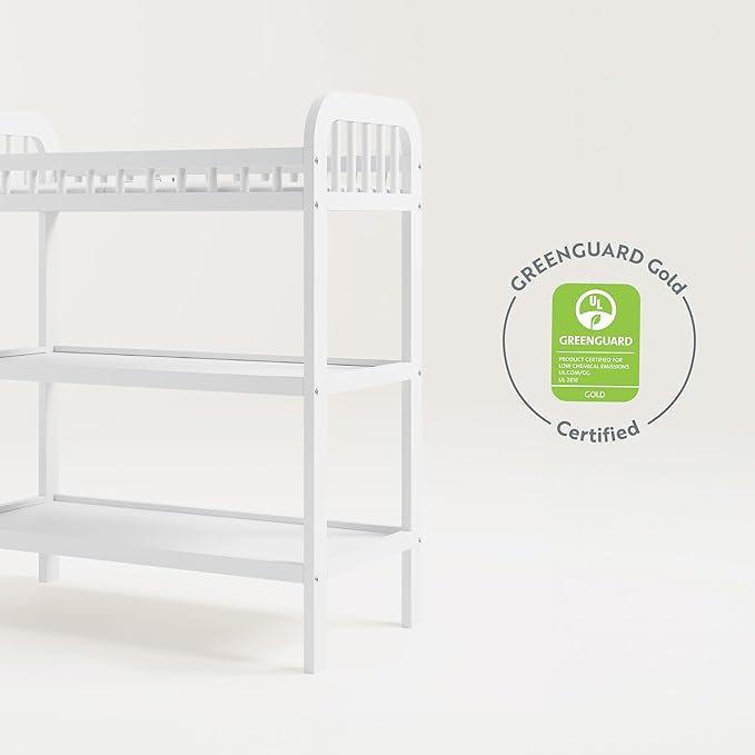 Storkcraft Pasadena Changing Table with Water-Resistant Changing Pad (White) - GREENGUARD Gold Certified, Includes Bonus Water-Resistant Changing Pad with Safety Strap, 2 Open Shelves