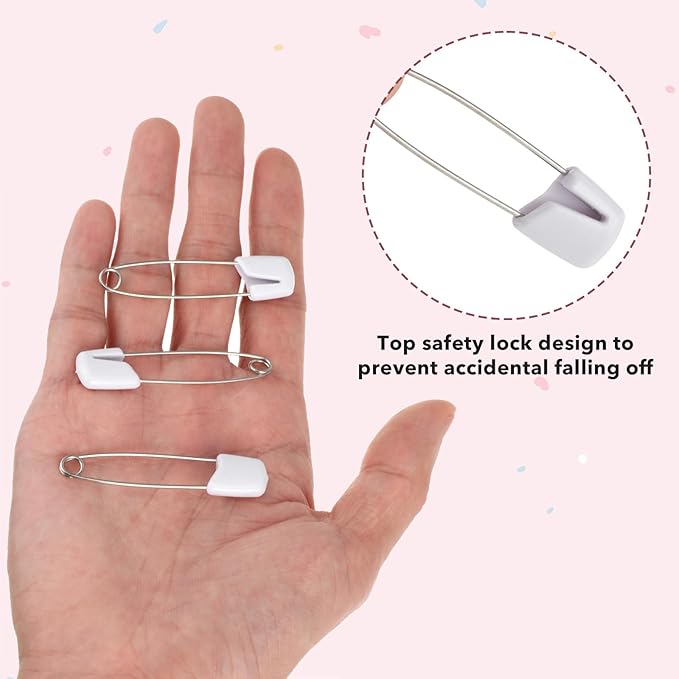 TIESOME 70 Pieces Diaper Pins, Diaper Safety Pin, 2.2 Inch Stainless Steel Diapers Pins for Cloth Diapers, with Plastic Safety Heads and Locking Closures, (White)