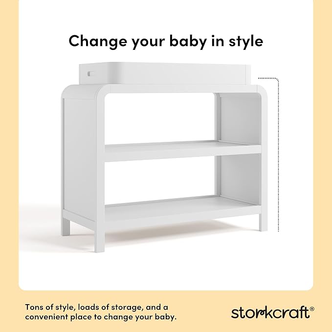 Storkcraft Santos Changing Table (White) – GREENGUARD Gold Certified Baby Changing Table, Solid Wood Construction, Removable Topper Fits Standard-Size Changing Pad