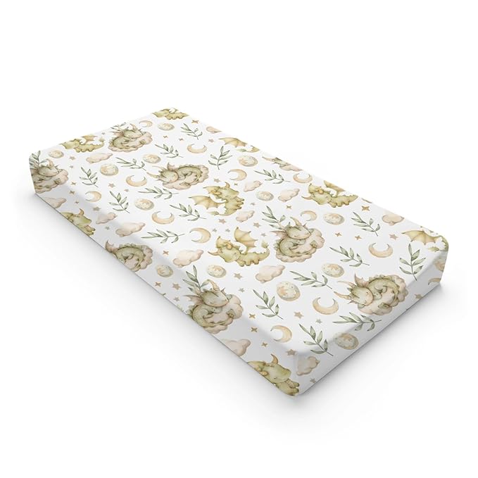 Cute Dragon Moon Stars Leaves Baby Changing Pad Cover,Unisex Dragon Nursery Diaper Changing Table Pad Mat Sheet for Boys Girls-16x32