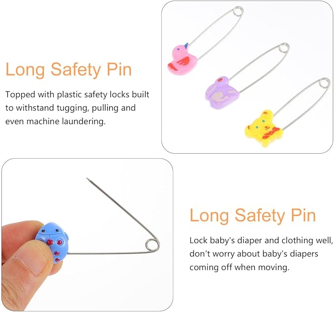Baby Diaper Pins for Cloth Diapers 2.16 Inch Long Safety Pins with Plastic Head Adjustable Animal Design Fasteners for Newborns and Toddlers Secure Diaper Holders