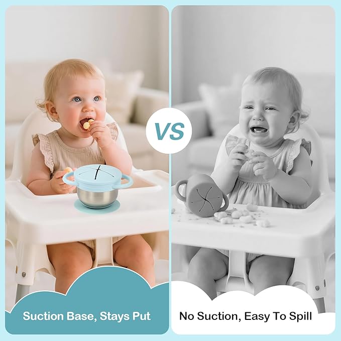 2 Pack Toddler Snack Cups — 5-in-1 Snack Cups for Toddlers Spill Proof with Suction Cup and Anti-Loss Rope, Detachable Stainless Steel Cups with Silicone Lids & Handles (Light Blue and Light Grey)