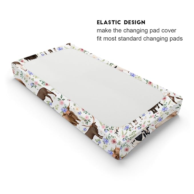 Farm Cows Boho Floral Changing Pad Cover Cows Yak Cattles Flowers Change Table Pad Cover for Boys Girls Farm Animals Soft Breathable Stretchy Fitted Diaper Changing Mat Sheets 32''x16''
