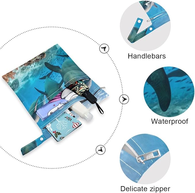 Three Cute Dolphins Wet Dry Bags Set of 2, Reusable Waterproof Organizer with Zipper Pockets for Baby Diapers, Swimsuits, Beach Travel Toiletries Storage