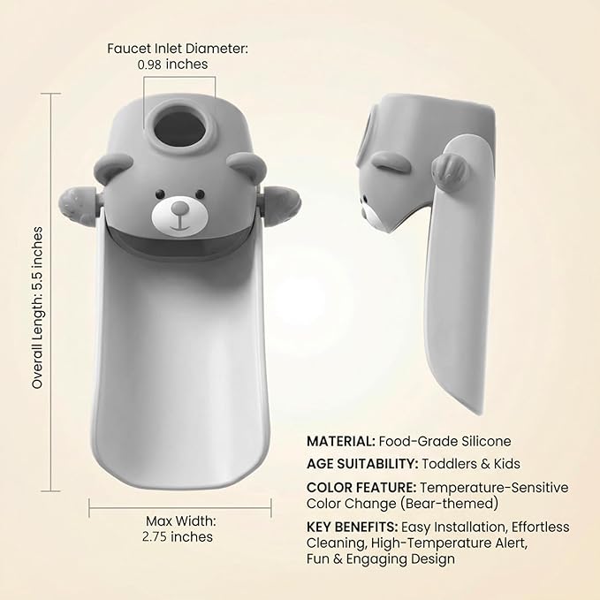 Faucet Extender for Toddlers with Temperature Sensor, Sink Extender for Kids Hand Washing, Fits Most Standard Bathroom Kitchen Faucets (Not for Pull-Out or Extra Wide), Cute Bear Design