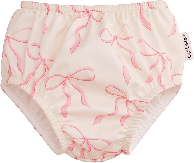 Tiny Twinkle Pull-Up Reusable Swim Diapers 2-Pack | Waterproof and UPF 50+ Sun Protection | Lightweight and Absorbent | Machine Washable(Raspberry Gingham,Bubblegum Bows,6-12M)