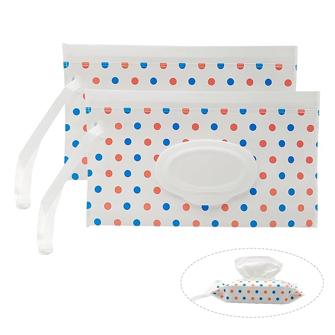 2 Pack Portable Baby Wipes Dispenser Holder Set Circle Dot Refillable Baby Wipes Container Wipe Holder Reusable Travel Wet Wipe Pouch for Diaper Bag Lightweight Travel Wipes Dispenser Cases