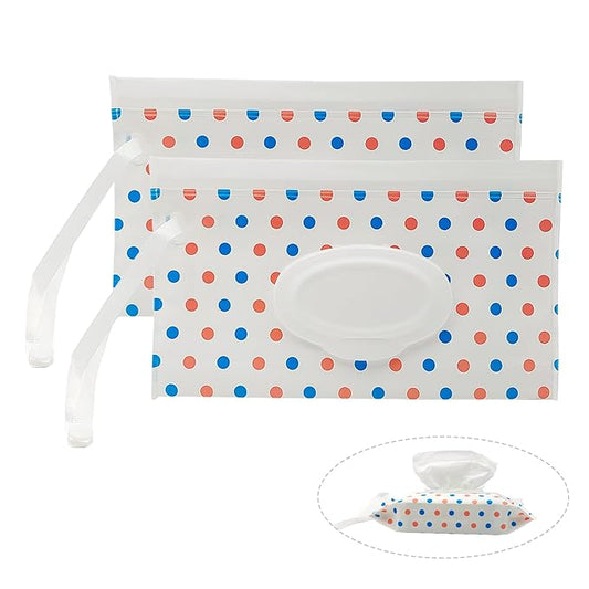 2 Pack Portable Baby Wipes Dispenser Holder Set Circle Dot Refillable Baby Wipes Container Wipe Holder Reusable Travel Wet Wipe Pouch for Diaper Bag Lightweight Travel Wipes Dispenser Cases