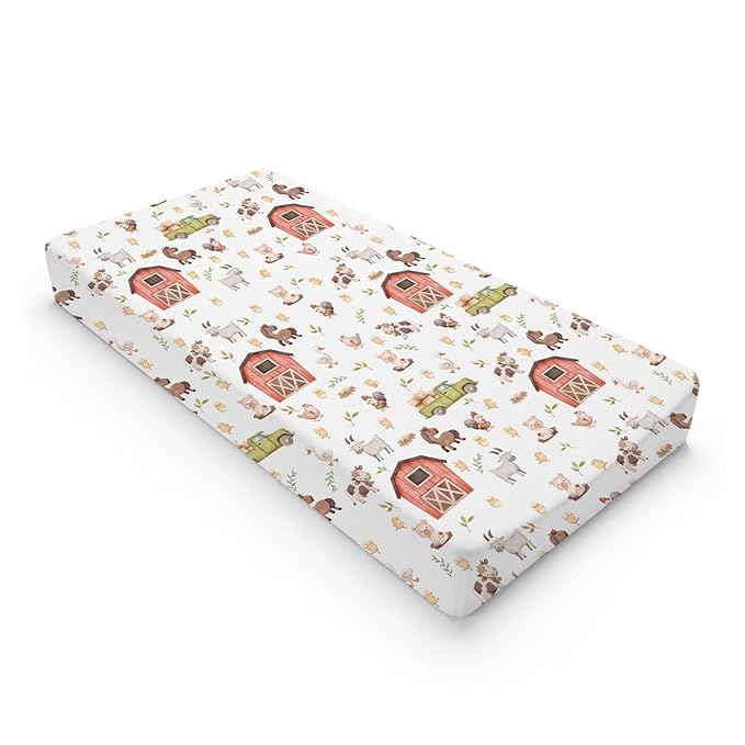 Baby Farm Life Changing Pad Cover for Boy Girl 32''x16'' Farm Animals Pig Goat Horse Cow Chick Rooster Duck Leaves Barn Truck Fitted Changing Pad Sheets Soft Breathable Diaper Change Table Mats