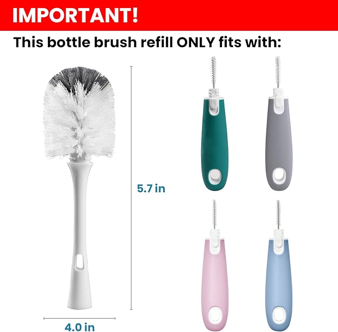 Bottle Brush Replacement Head for OXO Bottle Brush Tot Only, 2 Pack Bottle Brush Refills, Dual Bristle Design for Baby Bottles, Water Bottles, Glasswares