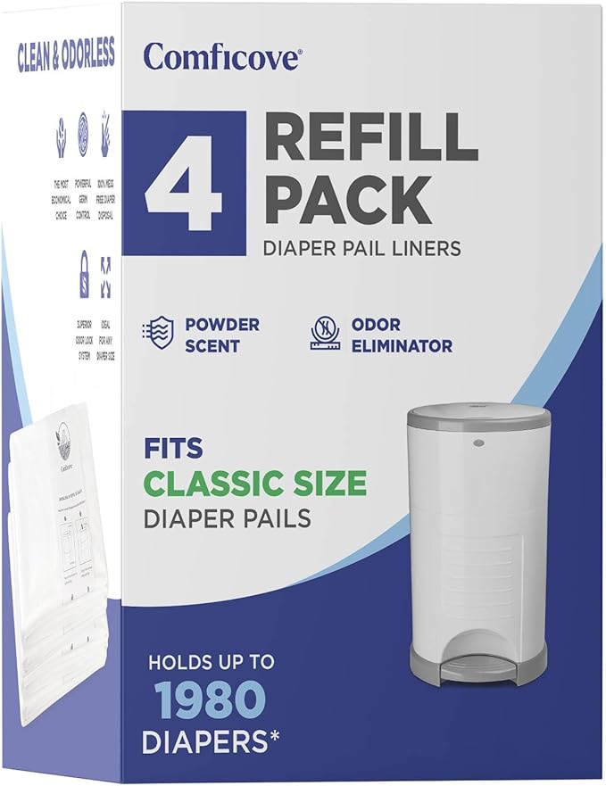 COMFICOVE Dekor Diaper Pail Refill Bags, 4-Pack Compatible with Dekor Classic Diaper Pail, Leak-Proof Disposable Liners, Odor-Resistant Diaper Refill Bags for Easy Cleanup