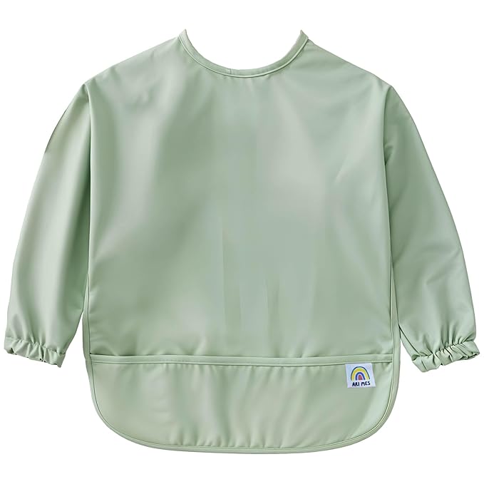 ARI MES Waterproof Long Sleeve Baby Bib for Eating-Green, Small-Toddler Smock with Catch-All Pocket, BPA Free, Machine Washable, Wearable Feeding Bib for Boys & Girls 6-72 Months