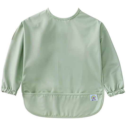 ARI MES Waterproof Long Sleeve Baby Bib for Eating-Green, Small-Toddler Smock with Catch-All Pocket, BPA Free, Machine Washable, Wearable Feeding Bib for Boys & Girls 6-72 Months
