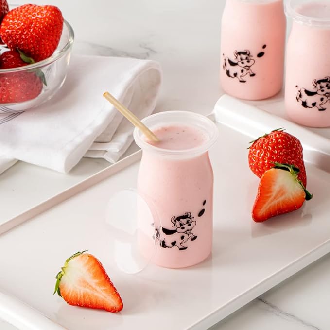 Restaurantware 5 Ounce Yogurt Jars 100 Disposable Pudding Containers - Cow Print Pop-Off Lids Included Clear Plastic Chia Pudding Jars For Snacks Spices And Desserts