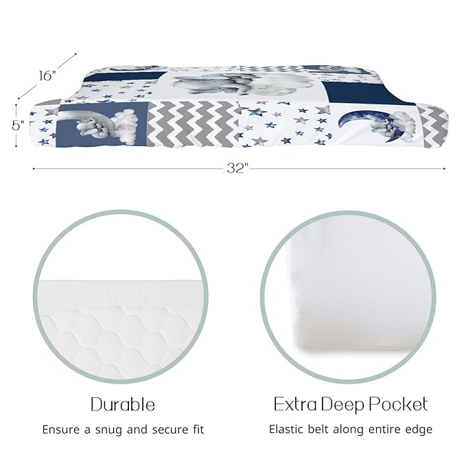 HawSkgFub Sleeping Elephant Stars Changing Pad Cover for Baby Boys Navy Blue, Dream Big Little One Diaper Change Table Covers, Soft Stretchy Safe Snug Fitted Changing Mat Sheets Fit 32"/34" x 16"