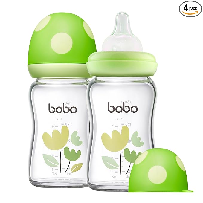 YOHKOH Natural Glass Baby Bottle with Level 1 Slow Flow Nipple, Newborn Anti-Colic Baby Bottles, Wide Neck Mushroom Baby Glass Bottle (Green, (5.4oz (Pack of 2))