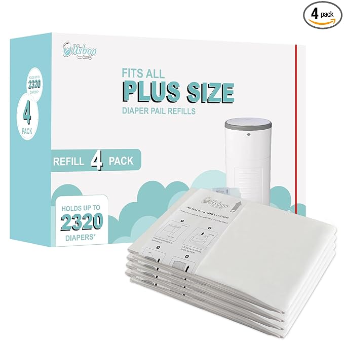 USBOO Diaper Pail Refill Bags Compatible with Dekor Plus Diaper Pail Refills| 4 Pack | Extra Thickness | Diaper Trash Bags | Fresh Powder Scent | Holds up to 2320 Diapers