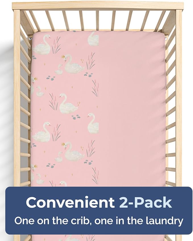 Baby Crib Sheets for Boys & Girls - Pack of 2 Fitted Microfiber Crib Sheets for Standard Crib & Toddler Mattress - Soft, Breathable and Wrinkle Free - Machine Washable - Oeko Tex - 52x28x8in - Swans