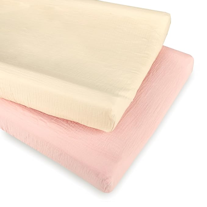 Hooyax Baby Changing Pad Cover 2-Pack, Muslin Soft Breathable Changing Table Pad Covers for Nursery, Easy Care Changing Pad Sheets for Girls and Boys(Pink, Wheat)