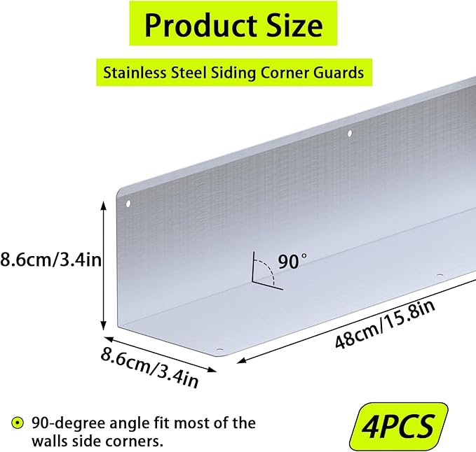 Pre-drilled Stainless Steel Wall Corner Guards 3.4x15.8 inch, Pack of 4 L Metal Wall Corner Protectors 304 Steel Corner Trim with 90° Angle Weed Whacking Protection for Outside Exterior Wall Repair
