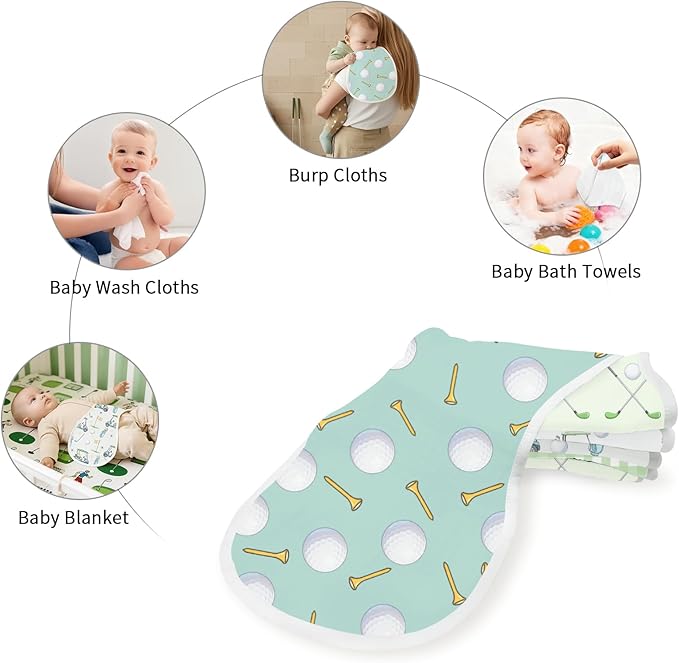 5 Pack Baby Burp Cloths for Boys Girls, Soft Cotton, Golf Sport Theme Design, Super Absorbent Baby Burping Cloths for Newborns, Machine Washable and Reusable Baby Spit-Up Cloths