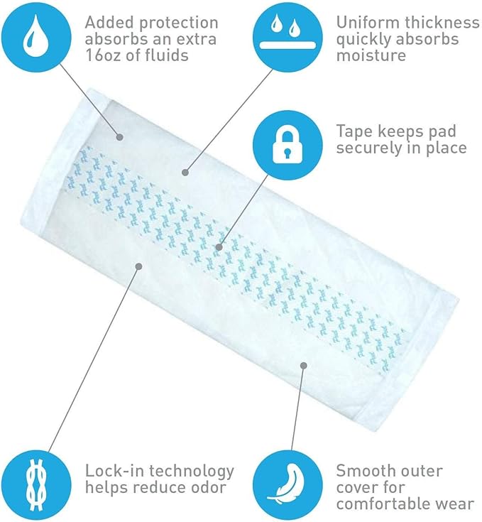 Medium Adult Diaper Booster Pad Liner - Inserts with Adhesive (12 x4 Inch) - Doubler Locks in Moisture Throughout Day or Night (25 Count) by BrightCare