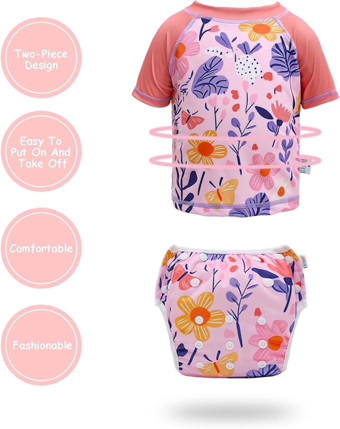 ALVABABY Baby Girl Swimsuit, 2-Piece Infant Toddler Bathing Short Sleeve Swimwear, Large Baby Reusable Swim Diaper with Matching Top