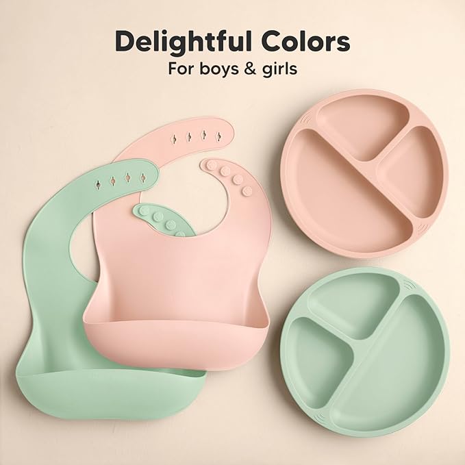 KeaBabies 2-Pack Silicone Bibs for Babies, Toddlers Girl, Boy – Sturdy Food-Grade Baby Bibs for Eating, Large Food Catcher, Clean & Put On Easily, Waterproof Toddler Feeding Essentials (Mellow)